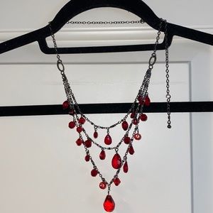 Express Red Crystal & Gun Metal Tear Drop Necklace